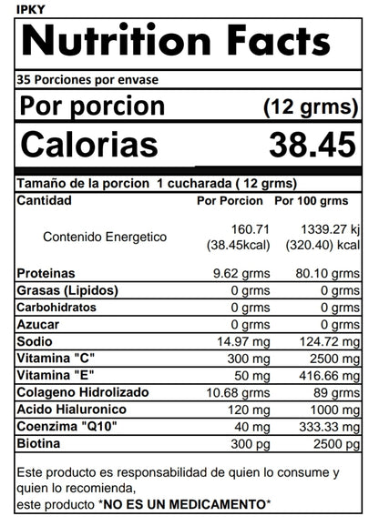 Colágeno hidrolizado adicionado con acido hialurónico,Biotina ,Coenzima Q10 Vitamina CyE